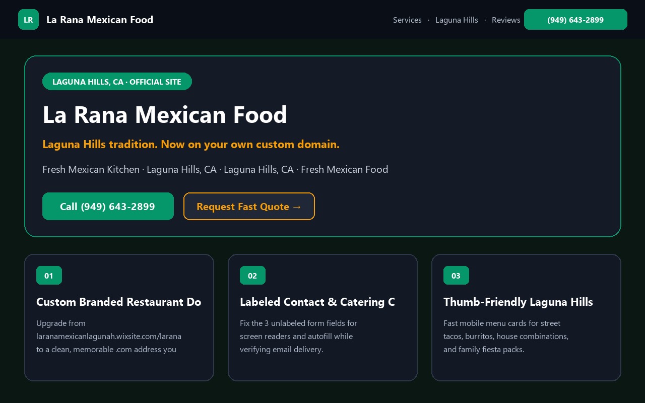 Proposed La Rana Mexican Food homepage preview